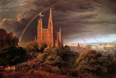 Średniowieczne miasto nad brzegiem rzeki, autorstwa Karla Friedricha Schinkla (1781-1841) autorstwa Karl Friedrich Schinkel