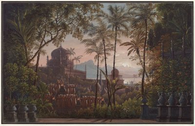 Nurmahal, czyli święto róż w Kaszmirze. Opera Gasparego Spontiniego. Projekt 1. dekoracji. Ogród pałacowy z widokiem na Kaszmir autorstwa Karl Friedrich Schinkel