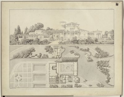 Poczdam-Sanssouci. Łaźnie rzymskie przy pałacu Charlottenhof. Widok od zachodu i plan domu ogrodnika autorstwa Karl Friedrich Schinkel