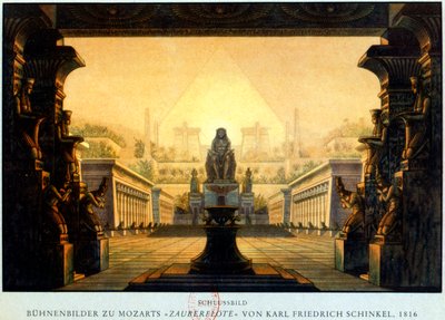 Dziedziniec świątyni Izydy i Ozyrysa, gdzie Sarastro był arcykapłanem, ok. 1816 r. autorstwa Karl Friedrich Schinkel