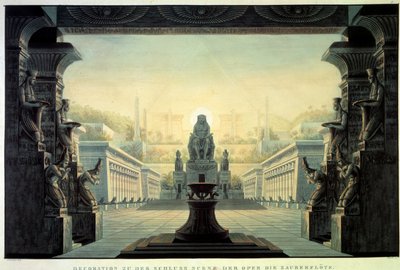 Wystrój teatru: Dekoracja do opery „Zaczarowany flet” Wolfganga Amadeusza Mozarta do libretta Emanuela Schikanedera. Rysunek Karla Schinkla (1781-1841) autorstwa Karl Friedrich Schinkel