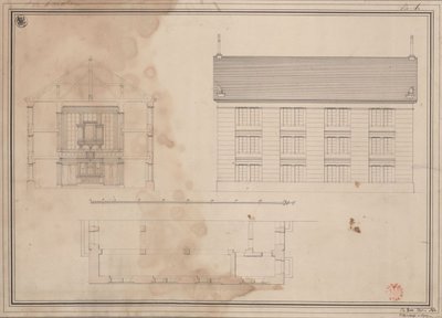Tillendorf (Bolesławice, rejencja legnicka). Projekt kościoła ewangelickiego. Rzut poziomy, elewacja fasady bocznej i przekrój poprzeczny autorstwa Karl Friedrich Schinkel