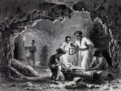 Odkrycia archeologiczne w jaskiniach Samoun, rycina na podstawie rysunku Karla Girardeta (1813-1871) autorstwa Karl Girardet