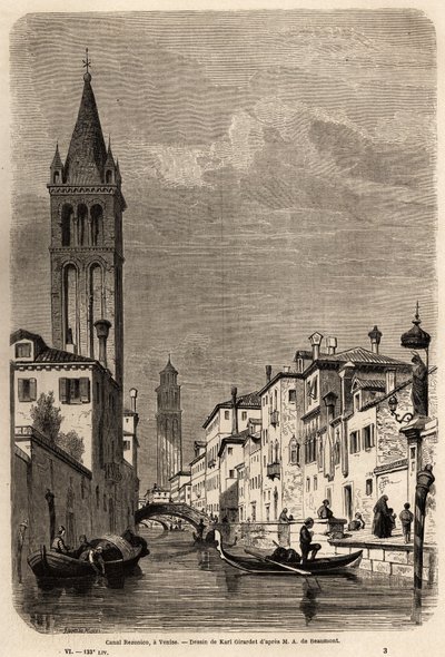 Kanał Rezonico, rysunek Karla Girardeta (1813-1871), ilustrujący podróż Adalberta de Beaumont do Wenecji, ok. 1850 r. Grawer w „”Le tour du monde””, pod redakcją Edouarda Chartona autorstwa Karl Girardet