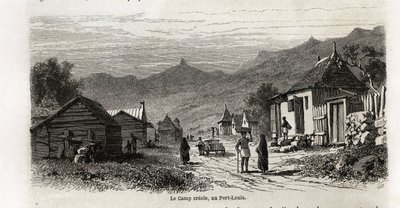 Kreol obozowy w Port Louis, rysunek Karla Girardeta (1813-1871), ilustrujący pobyt Alfreda Verneya na Mauritiusie w 1861 r. Grawer w „Le tour du monde” pod redakcją Edouarda Chartona autorstwa Karl Girardet