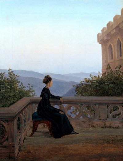 ""Portret kobiety na tarasie"" (Kobieta na balkonie) Obraz Carla Gustava Carusa (1789-1869) Olej na płótnie 1824 Dim 42x32 cm Państwowa Galeria Sztuki, Drezno autorstwa Karl Gustav Carus