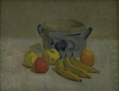 Martwa natura z szarym słoikiem, jabłkami i bananami autorstwa Karl Isakson