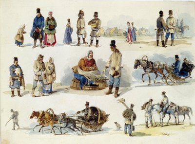 Rosyjskie typy ludowe. (Typy ludowe Rosji). Praca Karla Iwanowicza Kolmanna (1786-1846), akwarela na tekturze autorstwa Karl Ivanovich Kolmann