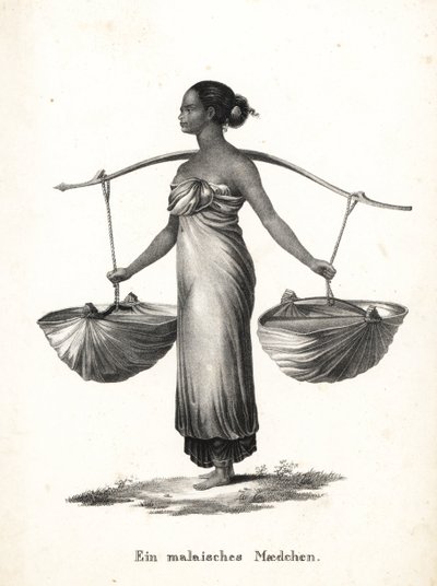 Malajska dziewczyna ze związanymi włosami, niosąca trampki z jarzma. Litografia Karla Josepha Brodtmanna z Ilustrowanej historii naturalnej ludzi i zwierząt Heinricha Rudolfa Schinza autorstwa Karl Joseph Brodtmann