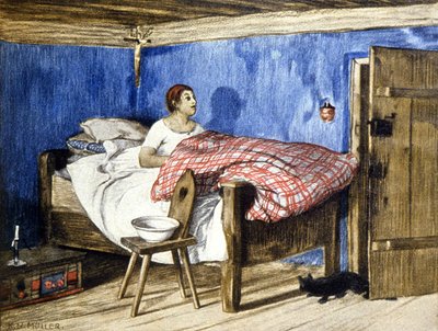 Kot odwiedzający kobietę w jej sypialni, początek XX w. (ilustracja) autorstwa Karl L. H. Müller