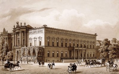Unter den Linden, Berlin. Pałac Księcia Wilhelma wybudowany przez Karla Langhansa w latach 1834-36 oraz Biblioteka Królewska wybudowana przez Georga Christiana Ungera w latach 1775-78 według planów Josefa Emanuela Fischera von Erlach z widokiem na Platz am autorstwa Karl Loeillot Hartwig