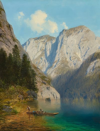 Rybak w jachcie na brzegu górskiego jeziora. 1882 autorstwa Karl Millner