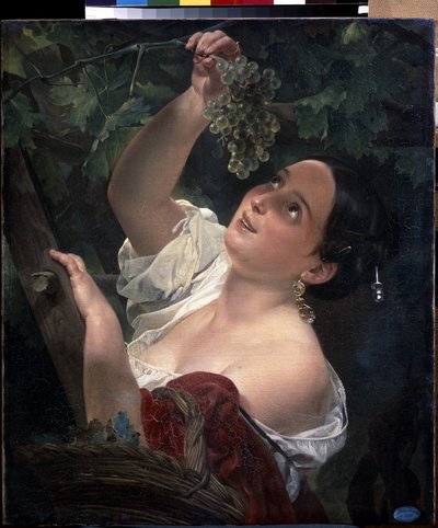Środkowy dzień włoski (południe włoskie). Młoda kobieta, nagie ramię, zbierająca kiść winogron - Obraz Karla Pavlovicha Briullova (Briullov) (1799-1852) - olej na płótnie autorstwa Karl Pavlovich Bryullov