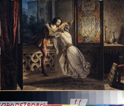 Romeo i Julia (Romeo i Julia). Mężczyzna wspinający się po balkonie, by znaleźć kobietę na tajnym spotkaniu. Obraz Karla Pavlovicha Briullova (Bryullov) (1799-1852). Akwarela na tekturze, ok. 1830, 23,2 x 31,5 cm, sztuka rosyjska autorstwa Karl Pavlovich Bryullov