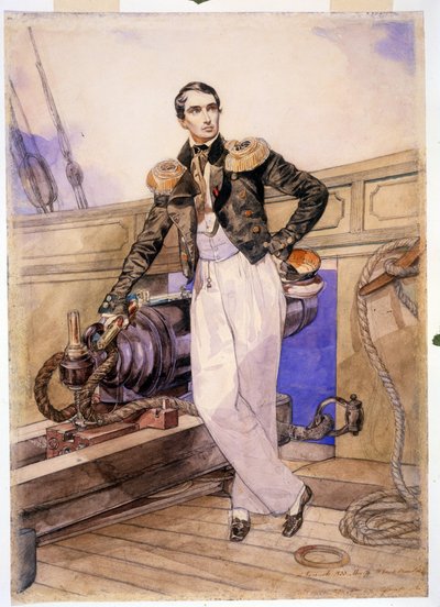 Władimir Aleksiejewicz Korniłow 1806-1854) na pokładzie brygu Temistokle. (Władimir Aleksiejewicz Korniłow na pokładzie brygu Temistokles). Stoi oficer marynarki wojennej i szef sztabu Floty Czarnomorskiej, bohater wojny krymskiej (1853-1856) autorstwa Karl Pavlovich Bryullov