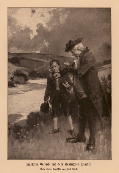 Benjamin Franklin badający piorun (litografia) autorstwa Karl Storch
