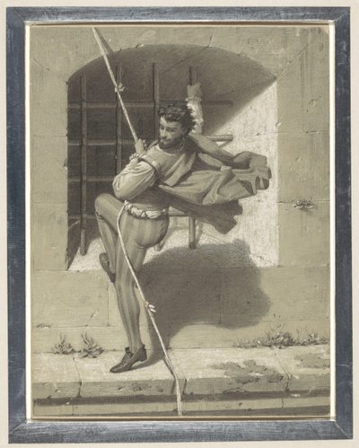 Benvenuto Cellini ucieka z Zamku Świętego Anioła w Rzymie na sznurze wiązanych tkanin autorstwa Karl Theodor Piloty