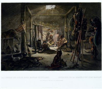 Wnętrze chaty wodza mandanów, rytowane przez Narcisse Edmond Desmadryl (ur. 1801) ok. 1835 (rycina z akwatintą) autorstwa Karl after Bodmer