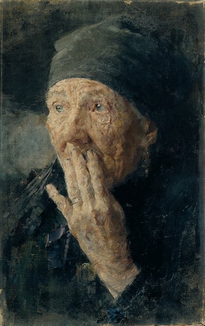 Głowa starej kobiety z ręką na ustach autorstwa Karoline Kubin
