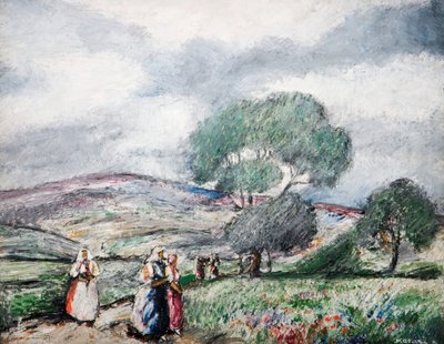 Burzliwy Krajobraz Z Niebieskimi I Czerwonymi Figurami, 1940. autorstwa Karoly Kotasz