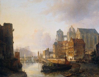 Wyimaginowany widok na miasto nad rzeką z katedrą w Akwizgranie autorstwa Kasparus Karsen (signed by artist)