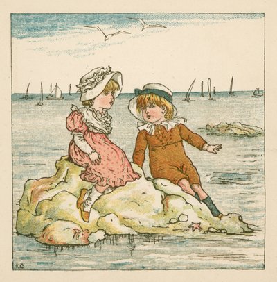 Chłopiec i dziewczynka utknęli na skale (kolor lito) autorstwa Kate (after) Greenaway