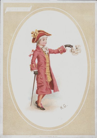 Chłopiec w czerwonym garniturze, machająca chusteczka (kolor litho) autorstwa Kate (after) Greenaway