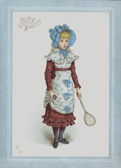 Dziewczyna w sukience i czepku, trzymająca lotkę i rakietę (kolor lito) autorstwa Kate (after) Greenaway