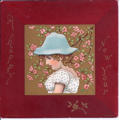 Wiktoriańska kartka bożonarodzeniowa przedstawiająca dziewczynę ubraną w strój regencji trzymającą kosz kwiatów, ok. 1880 r. autorstwa Kate Greenaway