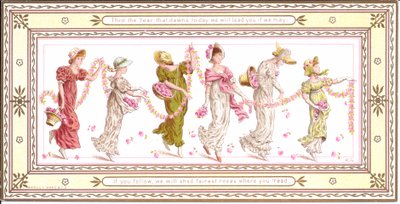 Wiktoriańska kartka z życzeniami dziecka z żółtym szalikiem na szyi, ok.1880 autorstwa Kate Greenaway