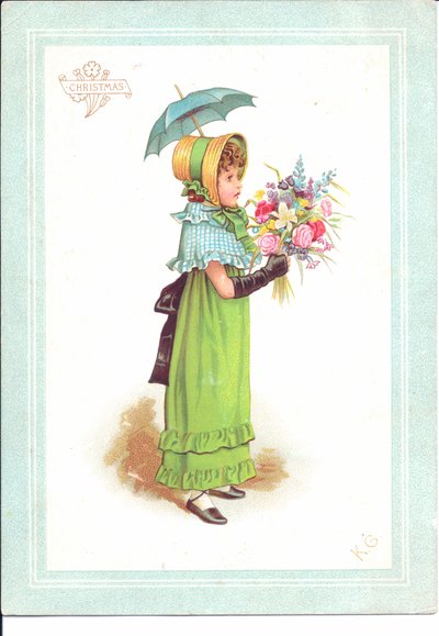 Wiktoriańska kartka okolicznościowa z tańczącymi dziećmi w fantazyjnych strojach, ok. 1880 r. autorstwa Kate Greenaway
