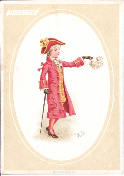 Wiktoriańska karta okolicznościowa z dziećmi siedzącymi przy stole obiadowym, podczas gdy jedno z nich przebrane za kucharza ostrzy nóż do rzeźbienia, ok. 1880 autorstwa Kate Greenaway