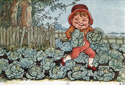 Krasnal kradnie kapustę z ogródka warzywnego. (Goblin kradnący kapustę). Ilustracja Kate Greenaway (1846-1901) z tomu bajek i wierszyków dla dzieci „Pod oknem” (1879), pod redakcją Edmunda Evansa. autorstwa Kate Greenaway