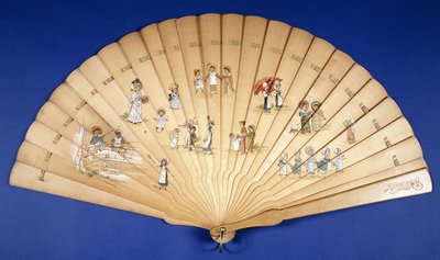 Duży drewniany wachlarz Brise pomalowany na kolory z grupami dzieci na różnych zajęciach, autorstwa Kate Greenaway