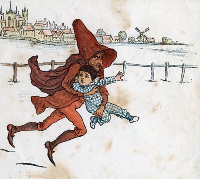 Leprechaun zabiera małe dziecko. Ilustracja Kate Greenaway (1846-1901) z bajki dla dzieci „Pod oknem” (1879), wydanej przez Edmunda Evansa. autorstwa Kate Greenaway