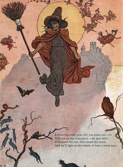 Czarownica i jej miotła w otoczeniu czarnych kotów, nietoperza i sowy. (Mali chłopcy i dziewczynki, czy przyjedziecie ze mną na miotle?) ) Ilustracja Kate Greenaway (1846-1901) z tomiku bajek i wierszyków dla dzieci „Pod oknem” autorstwa Kate Greenaway
