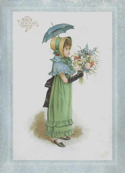 Dziewczyna w zielonej sukience, trzymająca parasolkę i bukiet kwiatów autorstwa Kate Greenaway