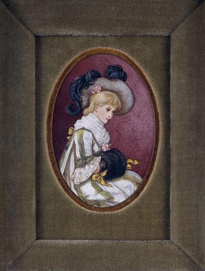Owalny portret blondynki w kapeluszu z pióropuszem, z rękami w mufce autorstwa Kate Greenaway