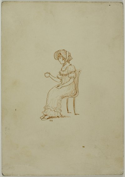 Siedząca dziewczyna trzymająca filiżankę herbaty autorstwa Kate Greenaway