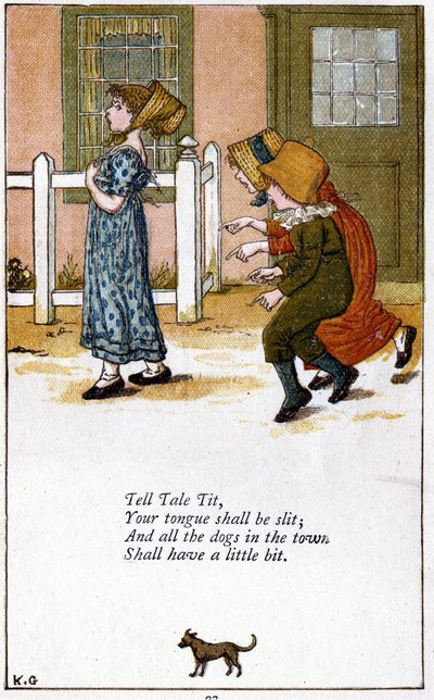 Opowieść sikorki/ Twój język zostanie rozcięty: Ilustracja autorstwa Kate Greenaway (1846-1901) do książki z rymowankami dla dzieci. Chromolitografia autorstwa Kate Greenaway