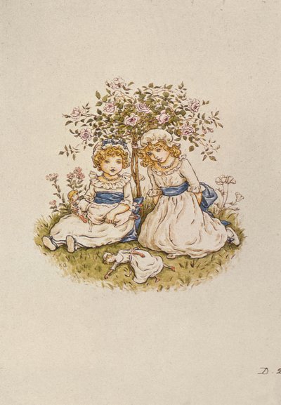 Dwie dziewczyny z lalkami siedzące pod krzewem róży, XIX w. autorstwa Kate Greenaway