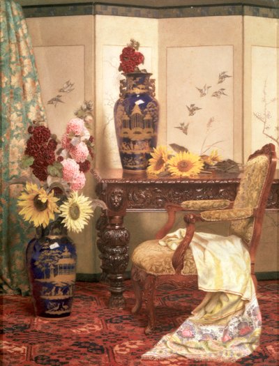 „Słoneczniki i malwy”, 1889 r. autorstwa Kate Hayllar