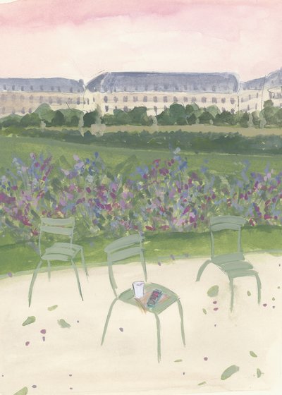 Ilustracja akwarelowa przedstawiająca paryski ogród autorstwa Katharina Puritscher