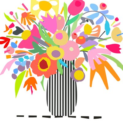 Kwiaty i paski 1, 2024 (ilustracja cyfrowa z oryginalnego kolażu na drewnianym panelu) autorstwa Kathy Dunaway