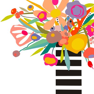 Kwiaty i paski 2, 2024 (ilustracja cyfrowa z oryginalnego kolażu na drewnianym panelu) autorstwa Kathy Dunaway