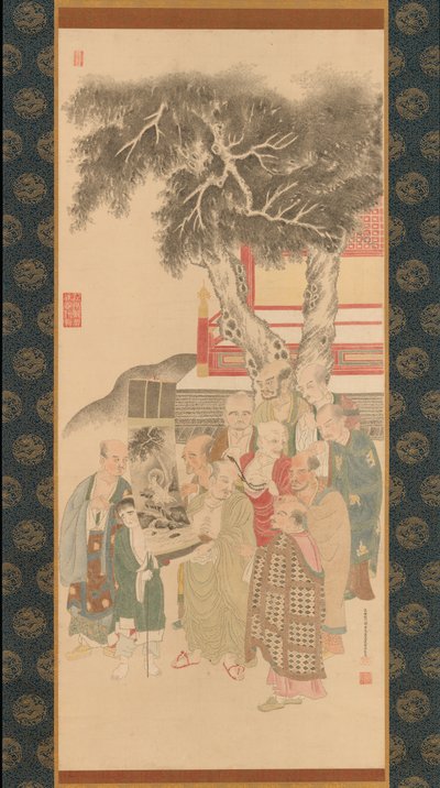 Dziesięć Rakan bada obraz Kannona w białej szacie, 1792. autorstwa Kato Nobukiyo