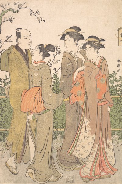 Grupa trzech kobiet w towarzystwie służącego, 1780-1795. autorstwa Katsukawa Shuncho