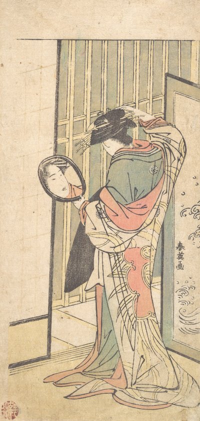 Kurtyzana patrząca na swoje odbicie w ręcznym lusterku, ca. 1787. autorstwa Katsukawa Shun