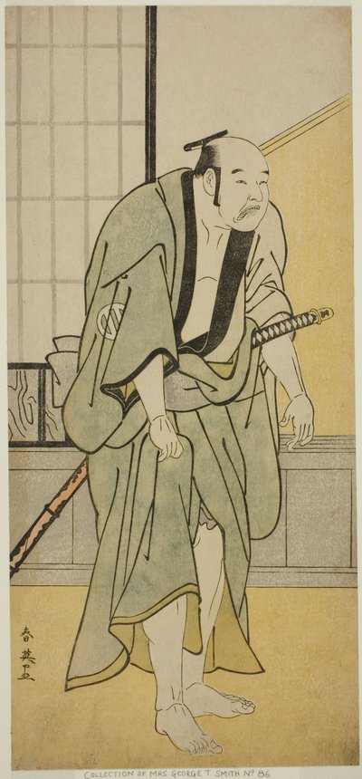 Aktor Asao Tamejuro I jako pijany Gotobei w sztuce Yoshitsune Koshigoe Jo, wystawionej w teatrze Ichimura w dziewiątym miesiącu 1790 r. autorstwa Katsukawa Shun
