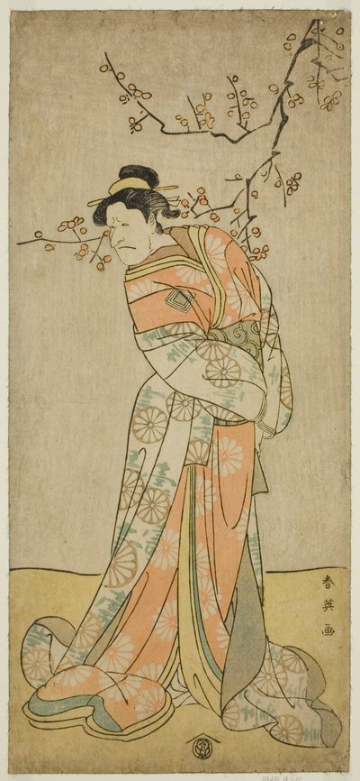 Aktor Ichikawa Ebizo (Danjuro V) jako dama oczekująca Iwafuji w sztuce Gozen-gakari Sumo Soga, wystawionej w teatrze Kawarazaki w pierwszym miesiącu 1793 roku () autorstwa Katsukawa Shun